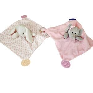Set Of 2 Baby Loveys Elephant Bunny Pink Polkadot Floral With Rattle Ends 12"